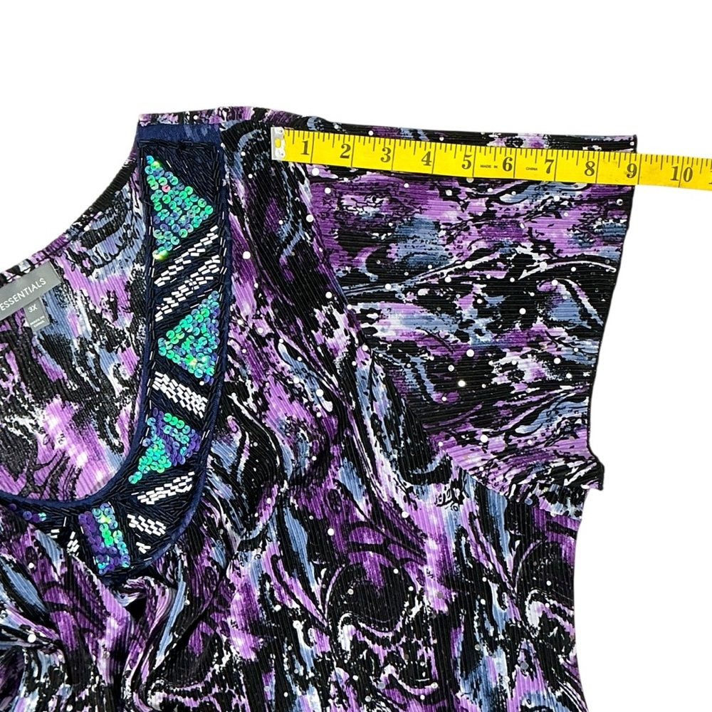Essentials Sequin Top Beaded Flutter Sleeve Pullover Blouse Purple Teal Plus 3X - Picture 6 of 15